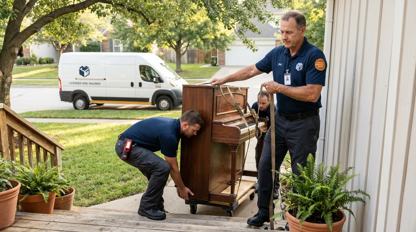 Licensed piano movers securing grand piano in Urbana, IL