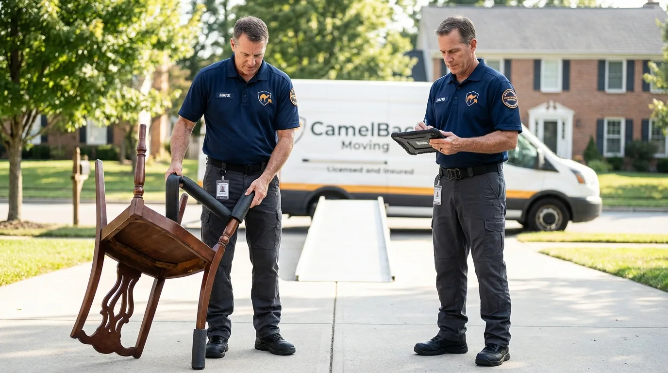 Movers inspecting furniture for damage prevention before loading in Urbana, IL