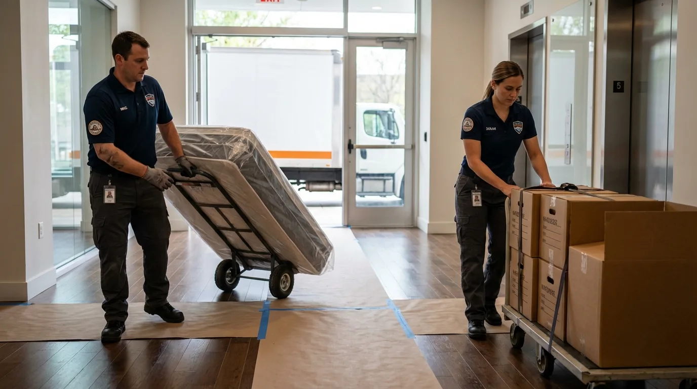 Professional apartment movers loading elevator in Urbana, IL
