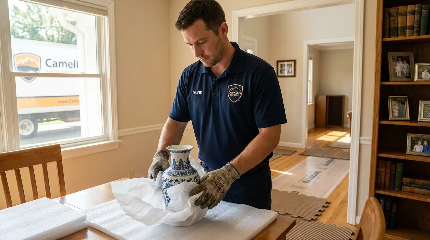 Professional crew carefully wrapping antique vase for senior downsizing move in Urbana, IL